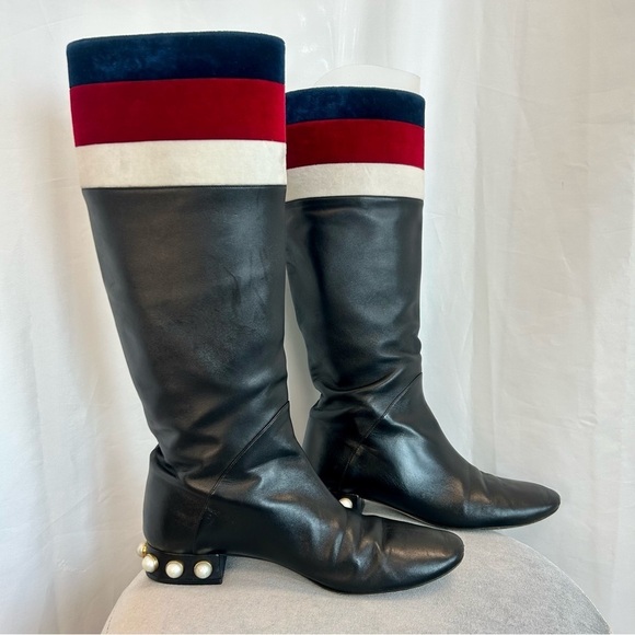 GUCCI ‘Jem’ black leather faux Pearl red blue white velvet stripe riding boot 39 - Picture 15 of 15